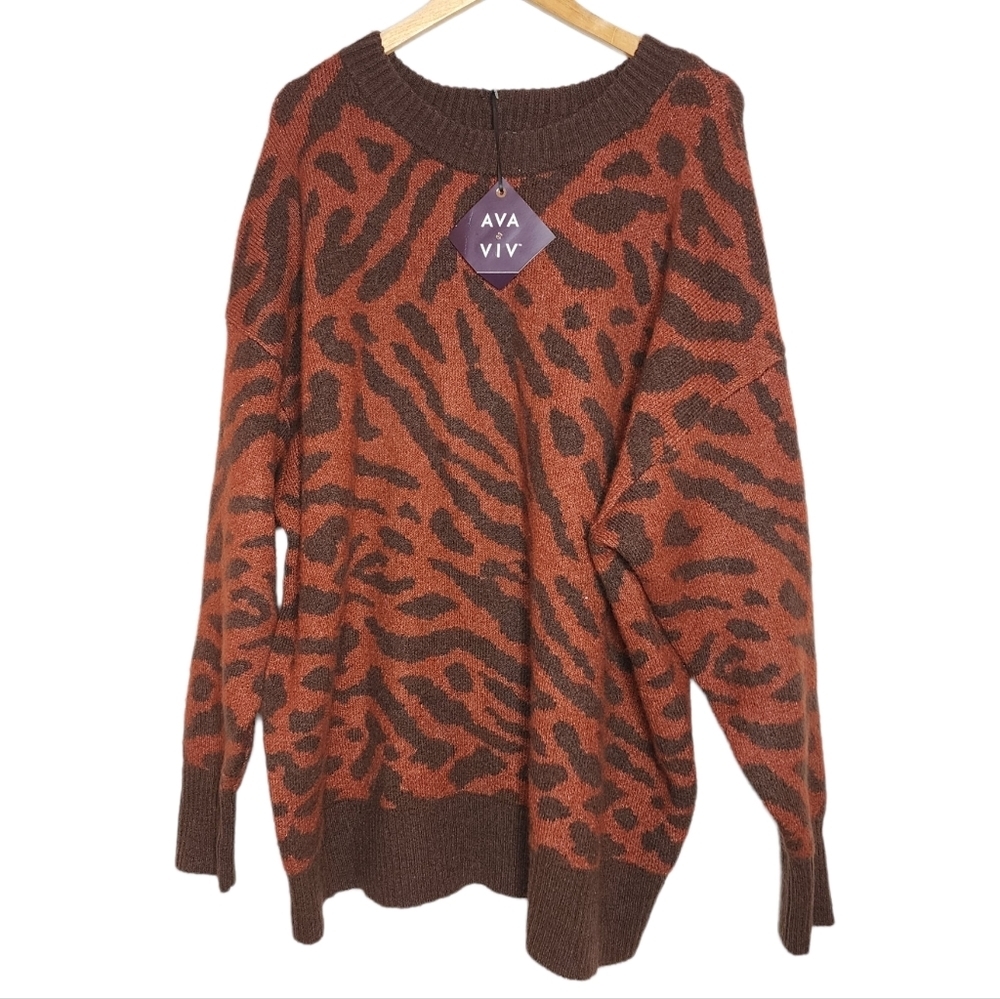 NWT Ava & Viv Knit Sweater Brown Animal Print Size 3X